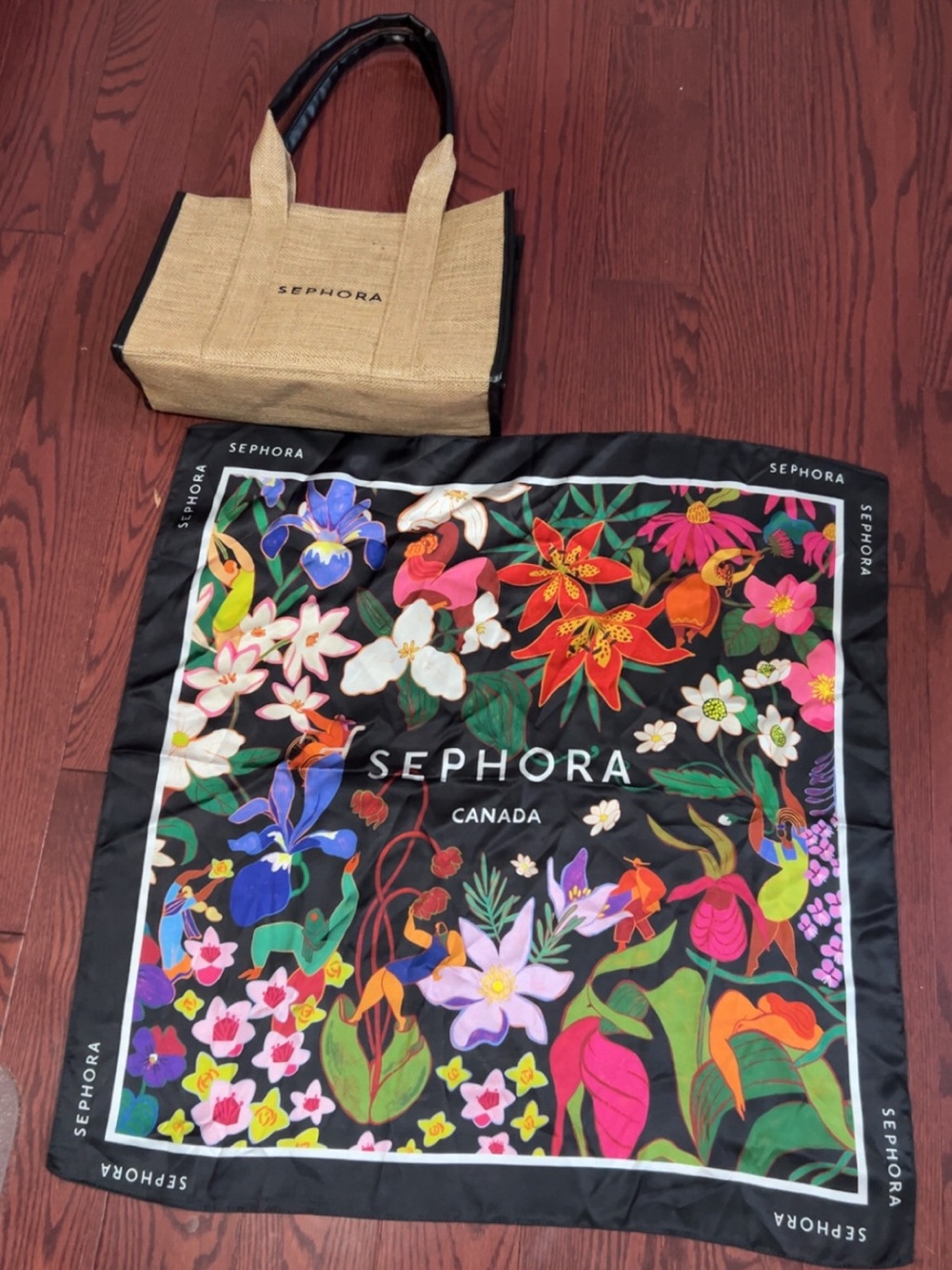 Sephora Black Floral Silk-Feel Scarf with Natural Sephora Tote